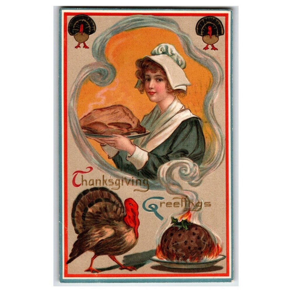 1909 Thanksgiving Pilgrim Woman Turkey Pudding RPO Postcard